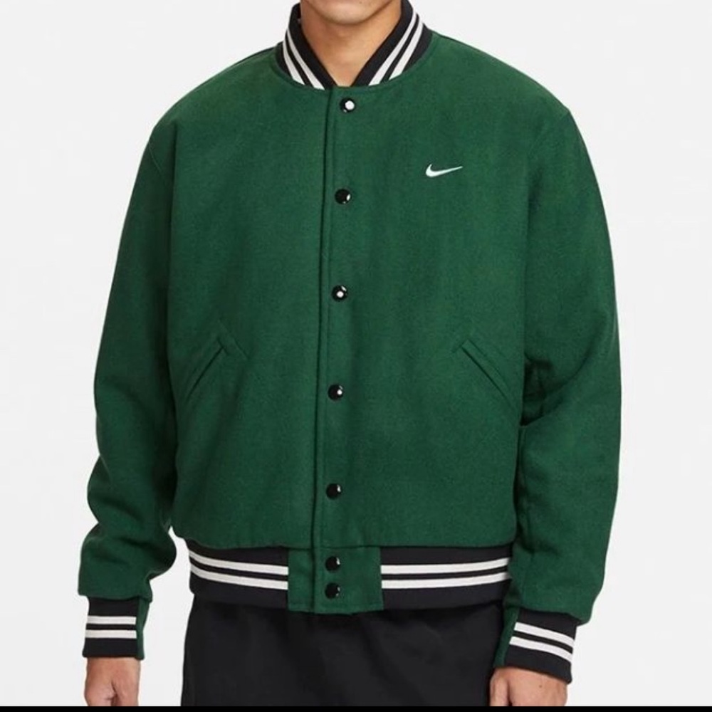 Nike Green Varsity Bomber Jacket with Black & White Striped Trim